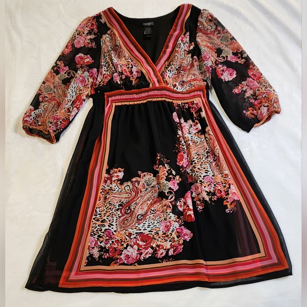 Bisou Bisou Floral Black and Pink‎ Boho Scarf Style Women's Dress, EUC, Size 16